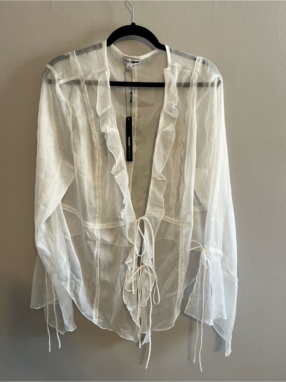 NWT! Fashion Nova White Sheer Ruffle Tie Blouse | Women’s 3X
